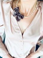 Torn Velvet Bow Pearl Necklace