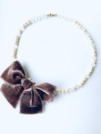 Torn Velvet Bow Pearl Necklace