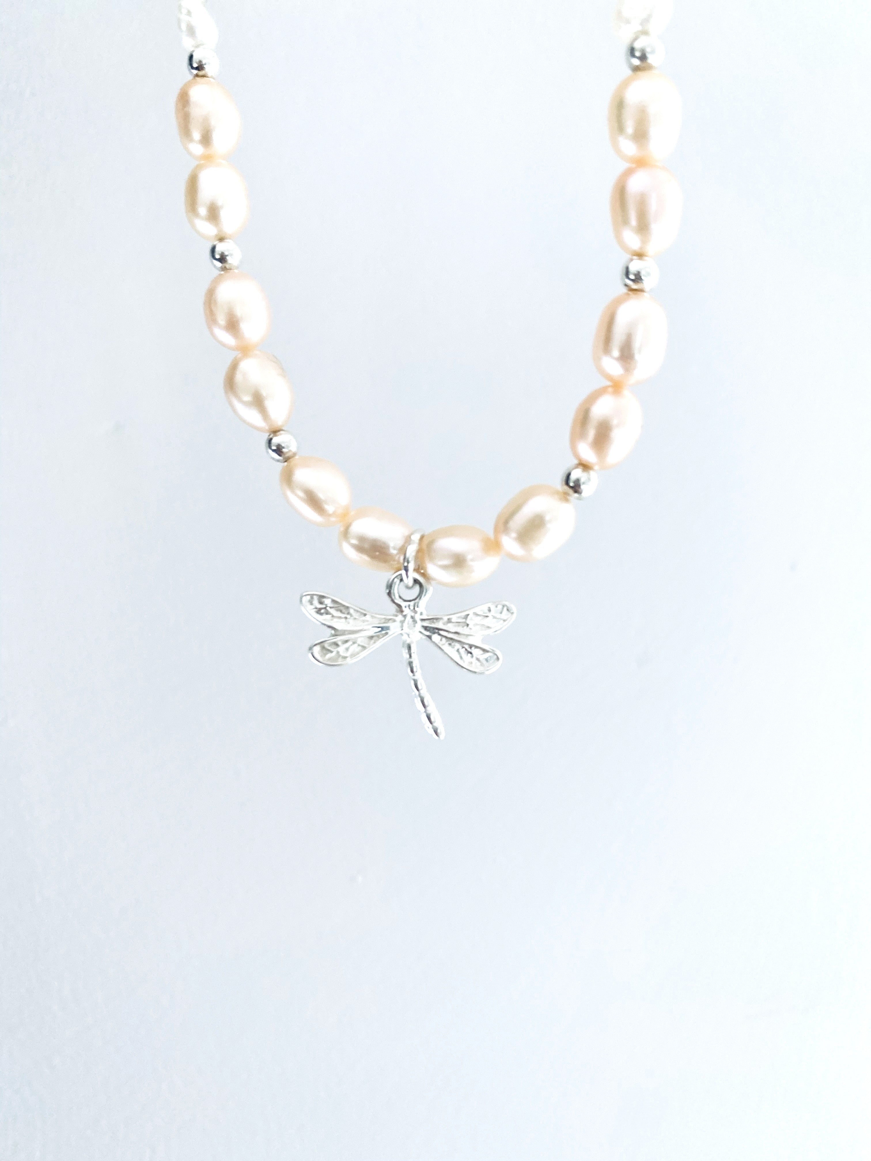 Peach Pearl Dragonfly Necklace