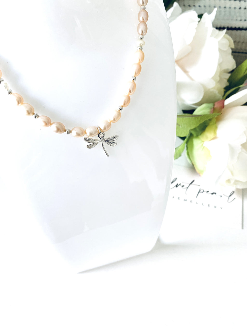 Peach Pearl Dragonfly Necklace