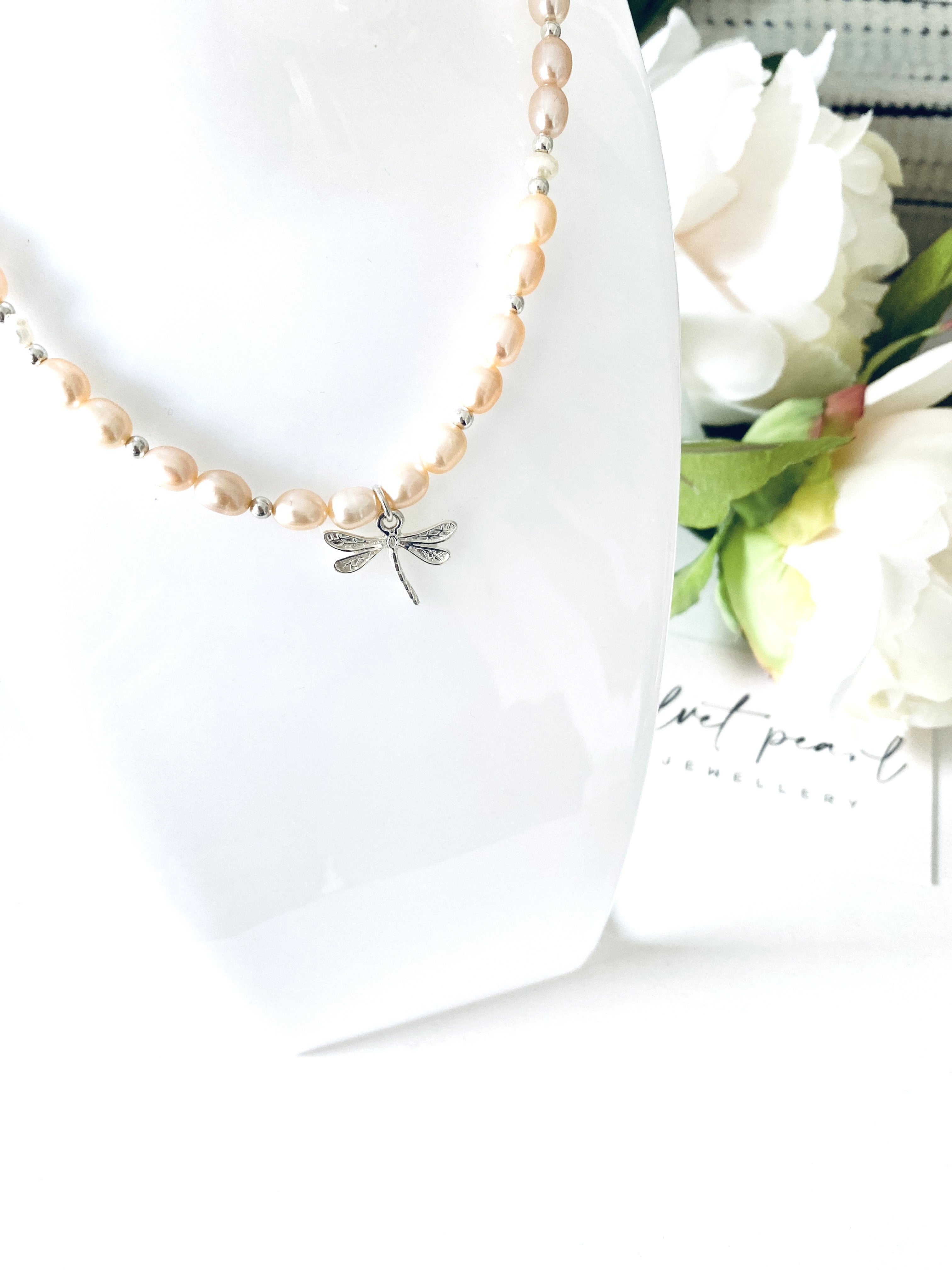 Peach Pearl Dragonfly Necklace